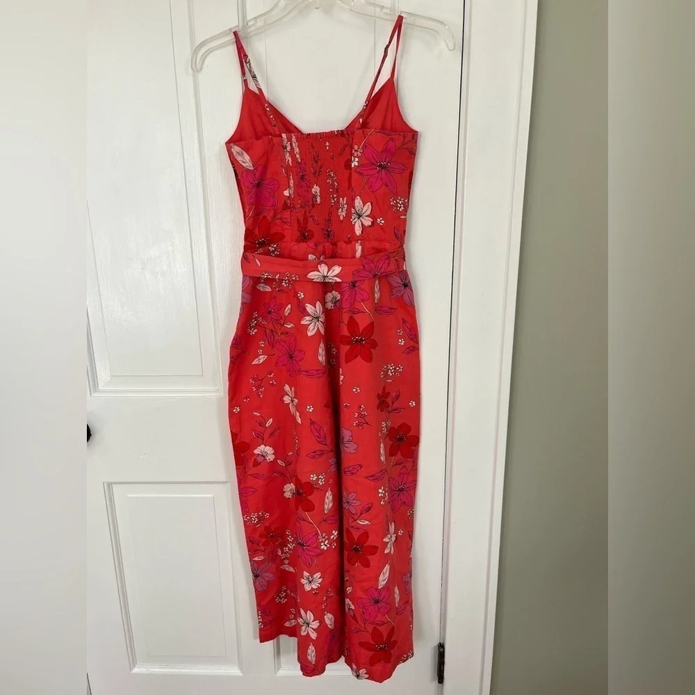 Banana Republic Cropped Linen Cotton Wide Leg Cropped Jumpsuit Red Floral Size 2